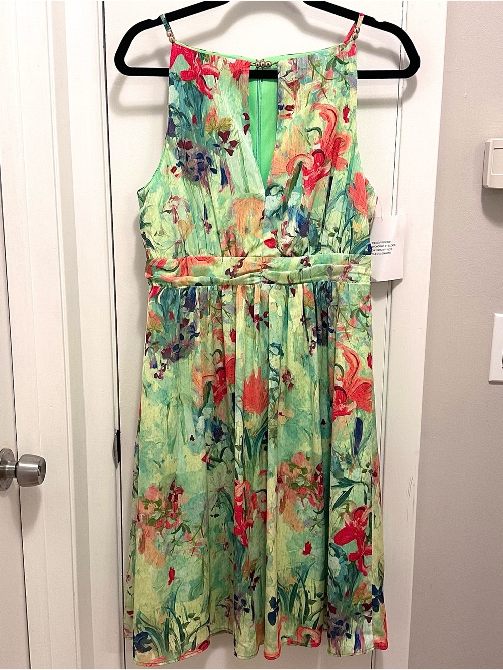 Laundry Shelli Segal Sample NEW Green Floral Summer Dress 8 Bead detail V plunge